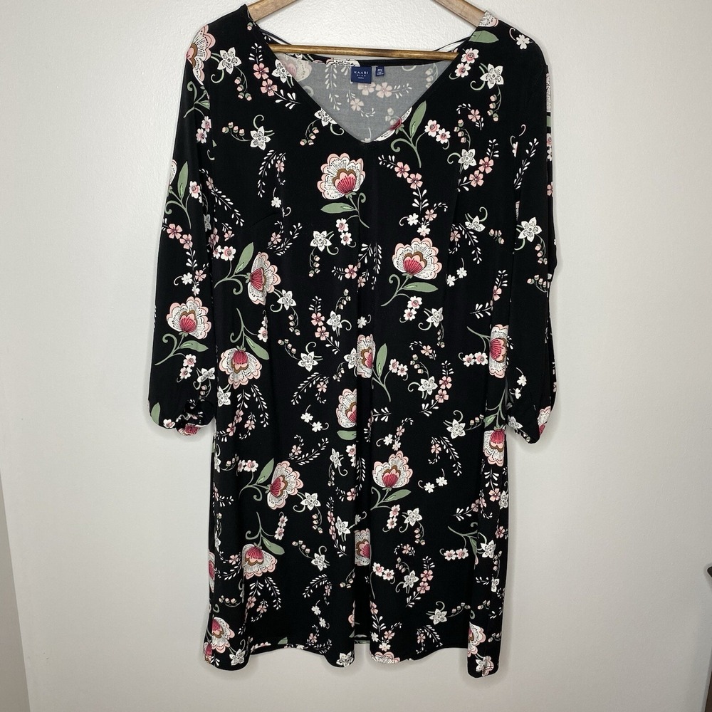 Kaari Blue Curvy Black Floral Midi Print Stretch Size 12 Dress Cut Out Sleeve 0X